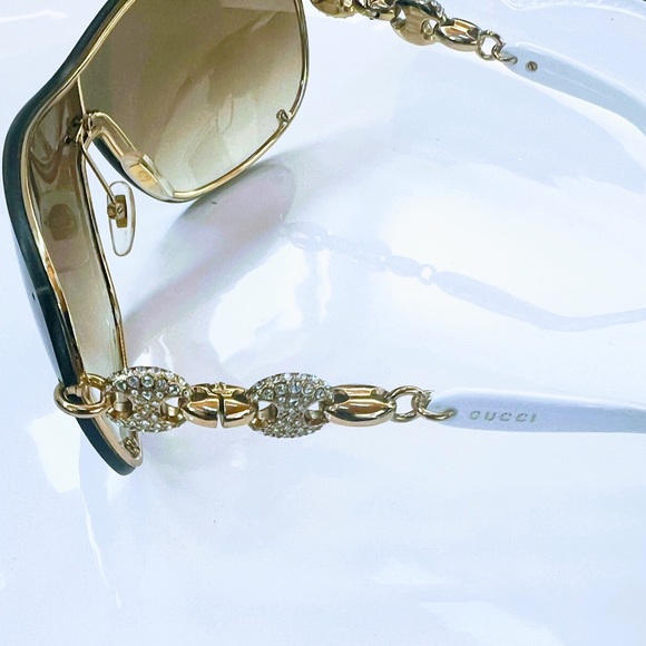 Authentic Gucci Shield Brown Gradient Sunglasses Pave Crystals Gold White Sides
